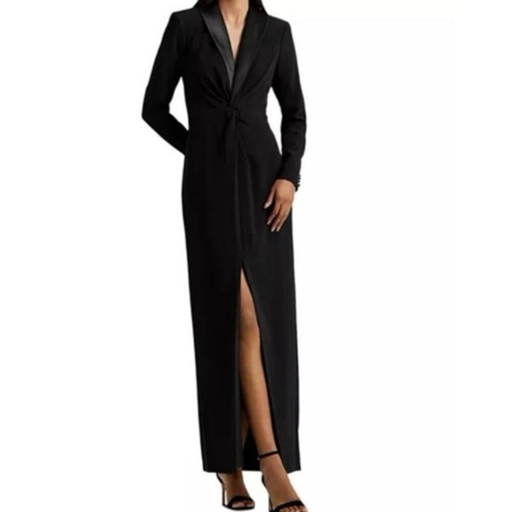 Lauren Ralph Lauren Crepe Long Sleeve Tuxedo Style Column Gown black New NWT 6